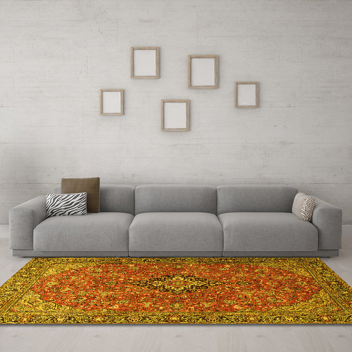 Machine Washable Medallion Yellow Traditional Rug in a Living Room, wshtr1519yw