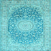 Square Machine Washable Medallion Light Blue Traditional Rug, wshtr151lblu