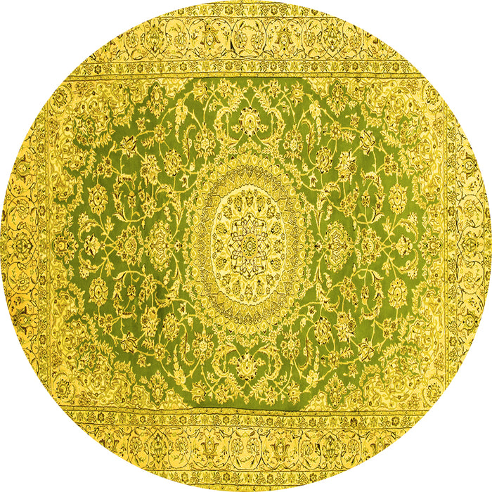 Round Machine Washable Medallion Yellow Traditional Rug, wshtr151yw