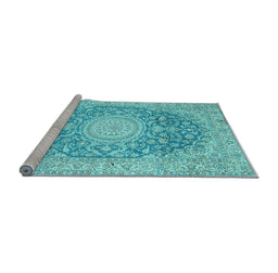 Sideview of Machine Washable Medallion Light Blue Traditional Rug, wshtr151lblu