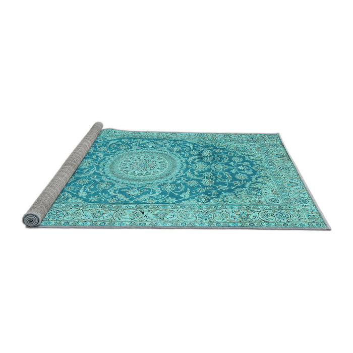 Sideview of Machine Washable Medallion Light Blue Traditional Rug, wshtr151lblu