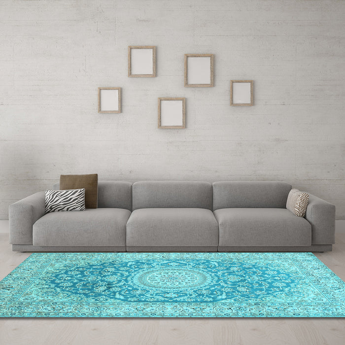 Machine Washable Medallion Light Blue Traditional Rug in a Living Room, wshtr151lblu