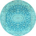 Round Machine Washable Medallion Light Blue Traditional Rug, wshtr151lblu