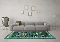 Machine Washable Persian Turquoise Traditional Area Rugs in a Living Room,, wshtr1520turq