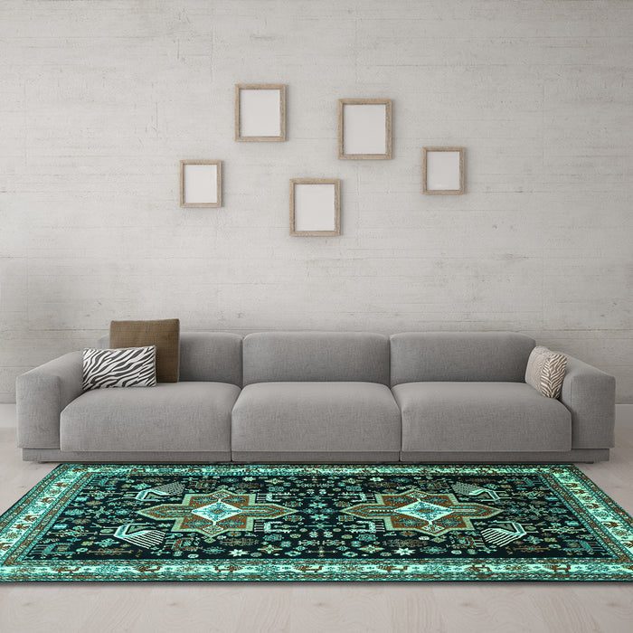 Machine Washable Persian Turquoise Traditional Area Rugs in a Living Room,, wshtr1520turq