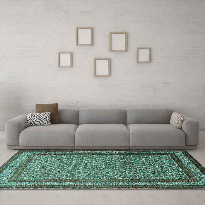 Machine Washable Persian Turquoise Traditional Area Rugs in a Living Room,, wshtr1521turq