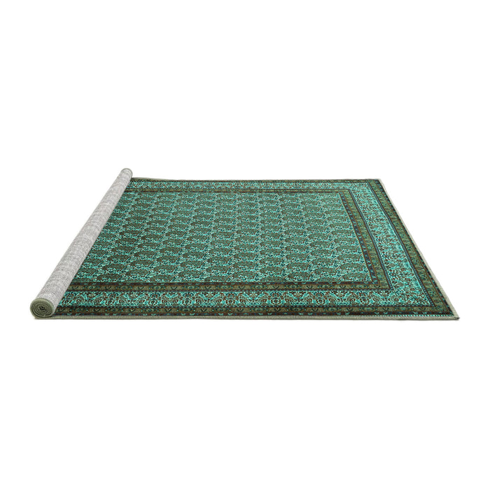 Sideview of Machine Washable Persian Turquoise Traditional Area Rugs, wshtr1521turq