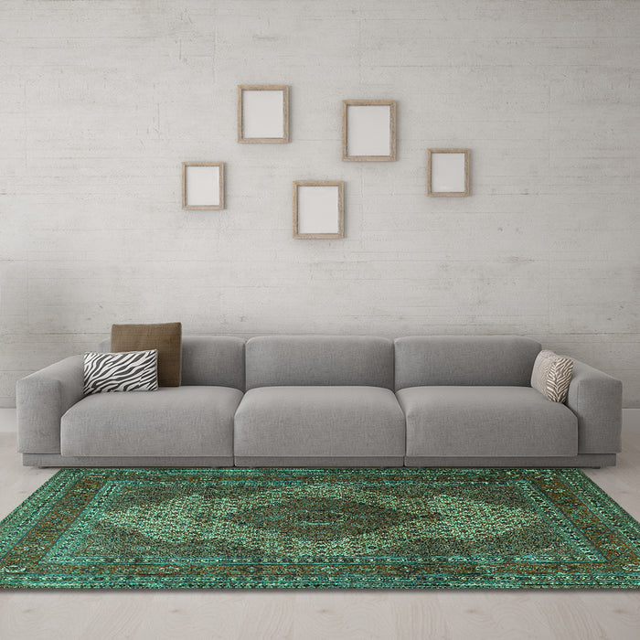 Machine Washable Persian Turquoise Traditional Area Rugs in a Living Room,, wshtr1523turq