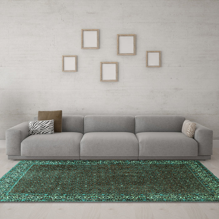 Machine Washable Persian Turquoise Traditional Area Rugs in a Living Room,, wshtr1524turq