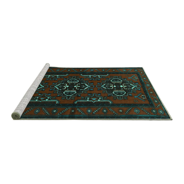 Sideview of Machine Washable Persian Turquoise Traditional Area Rugs, wshtr1529turq