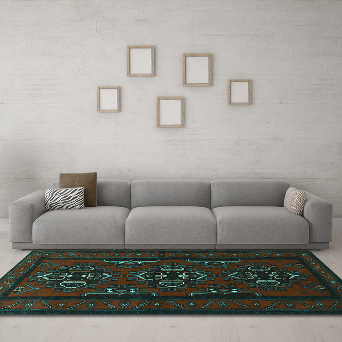 Machine Washable Persian Turquoise Traditional Area Rugs in a Living Room,, wshtr1529turq