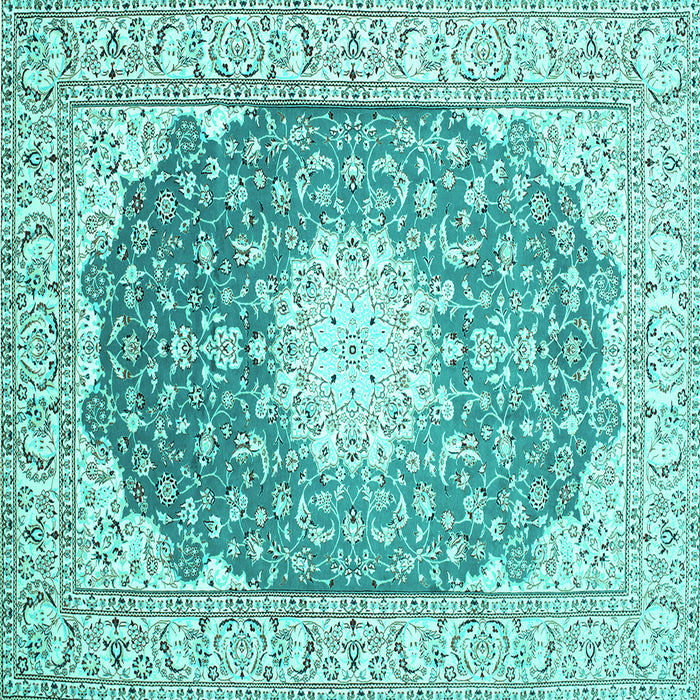 Square Machine Washable Medallion Turquoise Traditional Area Rugs, wshtr152turq