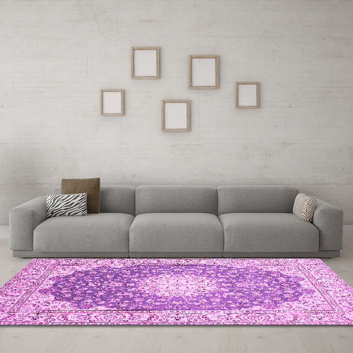 Machine Washable Medallion Pink Traditional Rug in a Living Room, wshtr152pnk