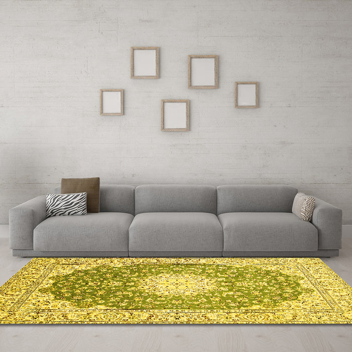 Machine Washable Medallion Yellow Traditional Rug in a Living Room, wshtr152yw
