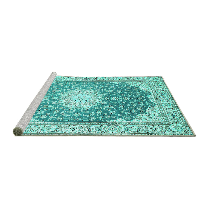 Sideview of Machine Washable Medallion Turquoise Traditional Area Rugs, wshtr152turq