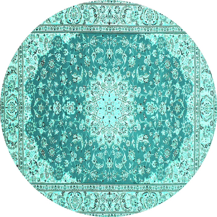 Round Machine Washable Medallion Turquoise Traditional Area Rugs, wshtr152turq