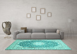 Machine Washable Medallion Turquoise Traditional Area Rugs in a Living Room,, wshtr152turq