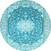 Round Machine Washable Medallion Light Blue Traditional Rug, wshtr152lblu