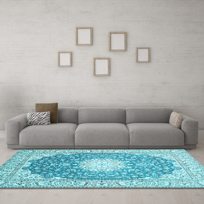 Machine Washable Medallion Light Blue Traditional Rug in a Living Room, wshtr152lblu
