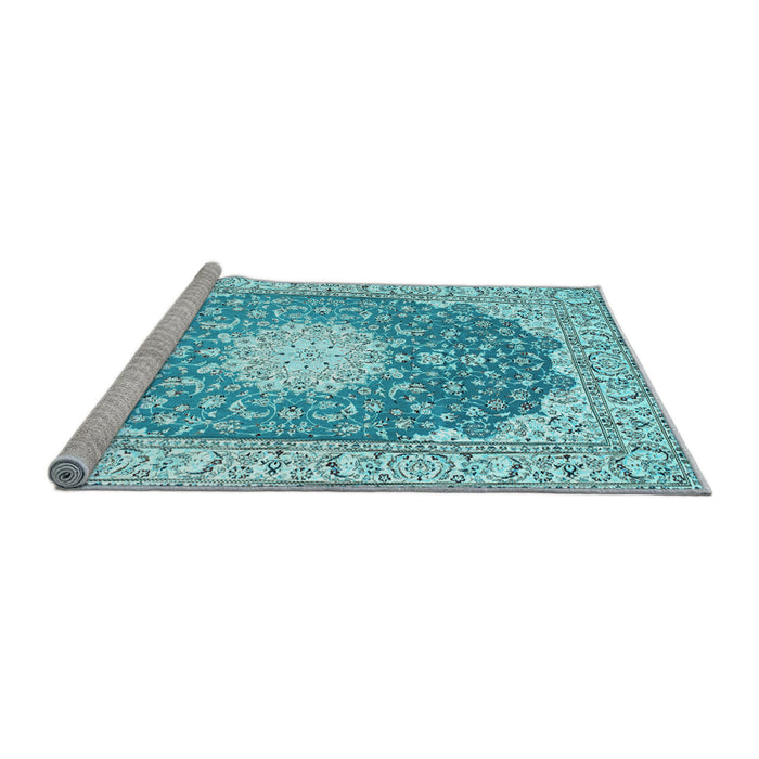 Sideview of Machine Washable Medallion Light Blue Traditional Rug, wshtr152lblu