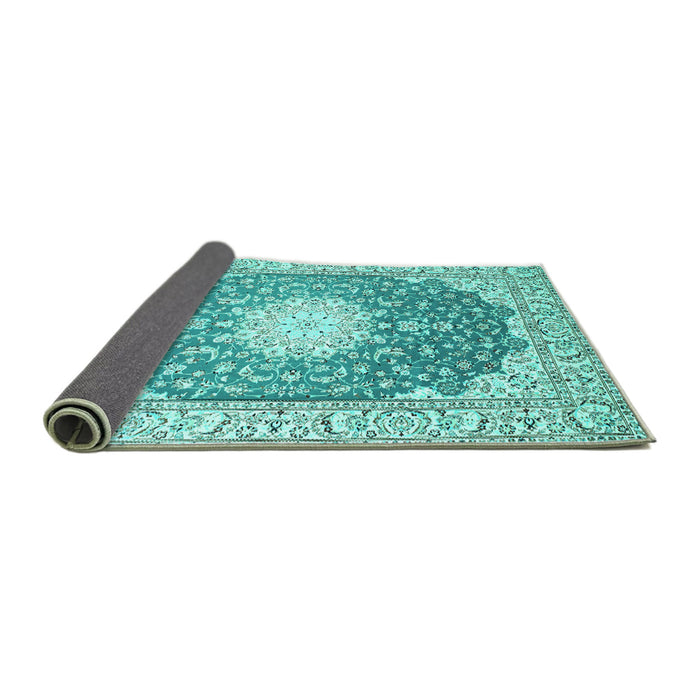 Sideview of Medallion Turquoise Traditional Rug, tr152turq