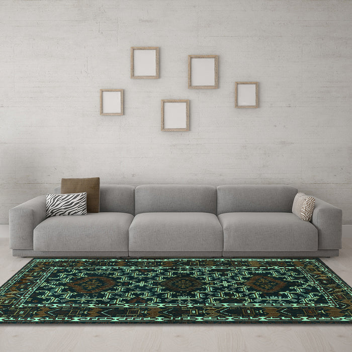 Machine Washable Persian Turquoise Traditional Area Rugs in a Living Room,, wshtr1539turq