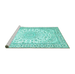 Sideview of Machine Washable Medallion Turquoise Traditional Area Rugs, wshtr153turq