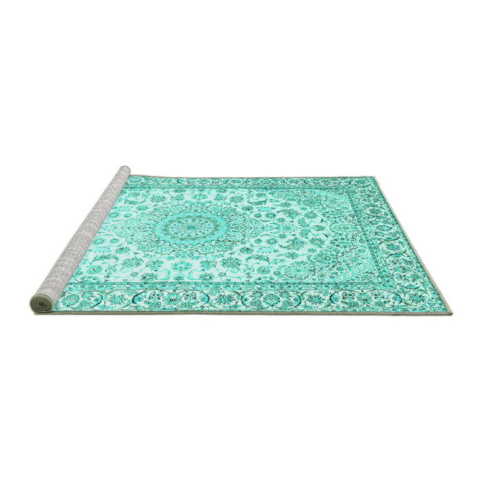 Sideview of Machine Washable Medallion Turquoise Traditional Area Rugs, wshtr153turq