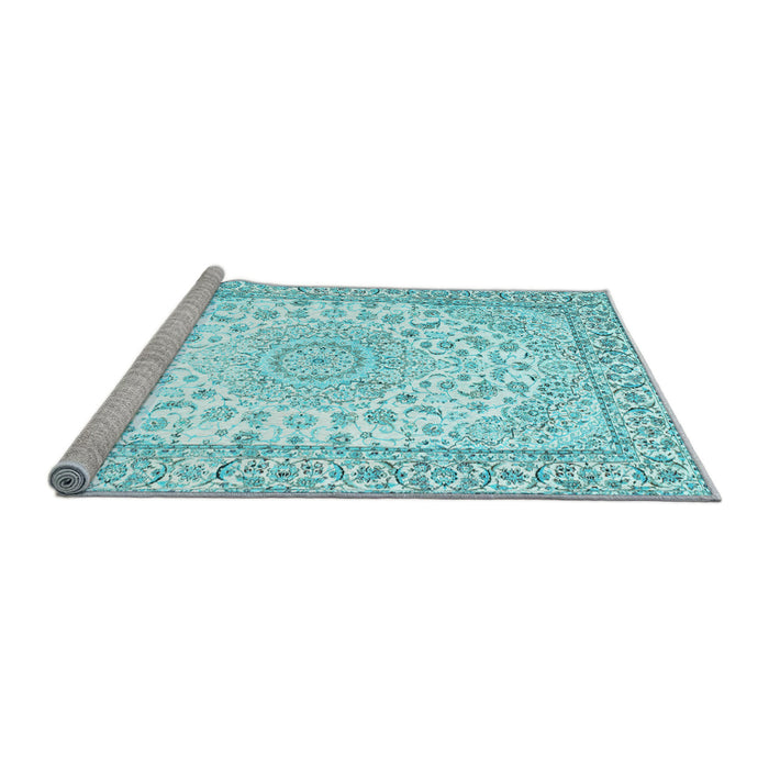 Sideview of Machine Washable Medallion Light Blue Traditional Rug, wshtr153lblu