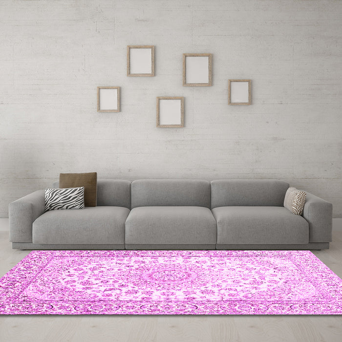 Machine Washable Medallion Pink Traditional Rug in a Living Room, wshtr153pnk