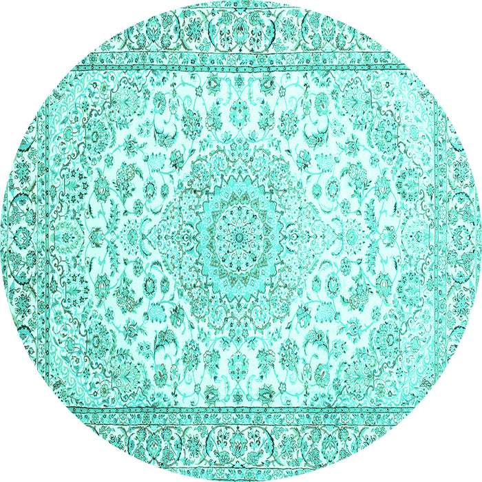 Round Machine Washable Medallion Turquoise Traditional Area Rugs, wshtr153turq