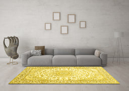 Machine Washable Medallion Yellow Traditional Rug in a Living Room, wshtr153yw