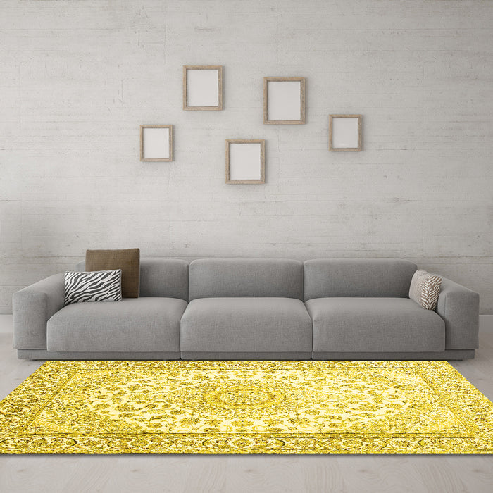 Machine Washable Medallion Yellow Traditional Rug in a Living Room, wshtr153yw