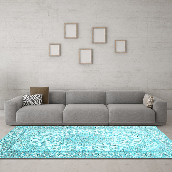 Machine Washable Medallion Light Blue Traditional Rug in a Living Room, wshtr153lblu