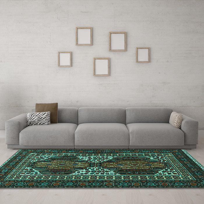 Machine Washable Persian Turquoise Traditional Area Rugs in a Living Room,, wshtr1540turq