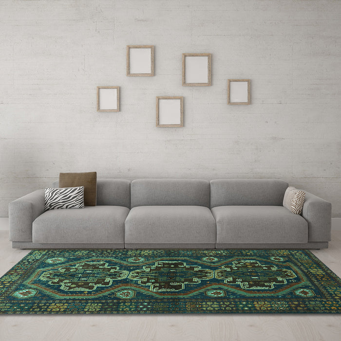 Machine Washable Persian Turquoise Traditional Area Rugs in a Living Room,, wshtr1541turq