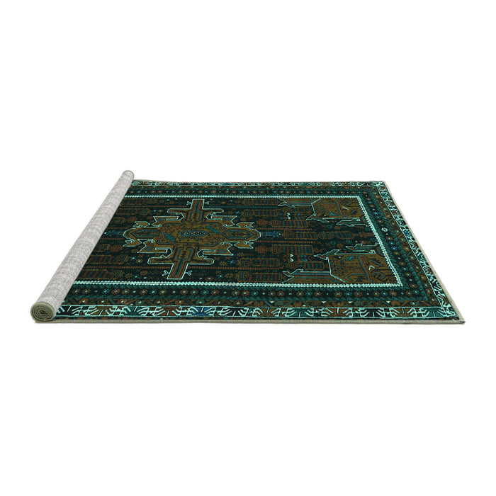 Sideview of Machine Washable Persian Turquoise Traditional Area Rugs, wshtr1543turq