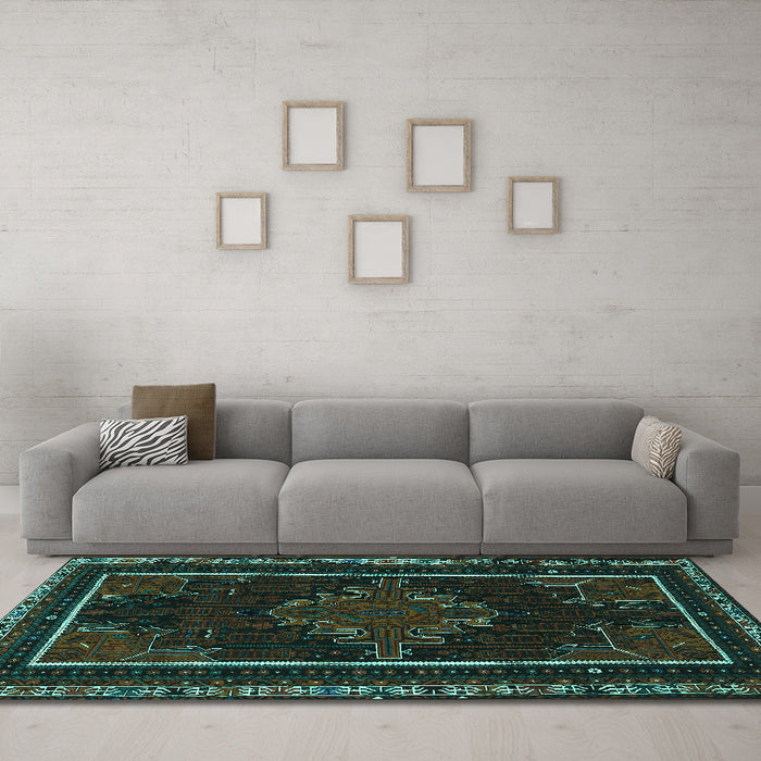 Machine Washable Persian Turquoise Traditional Area Rugs in a Living Room,, wshtr1543turq