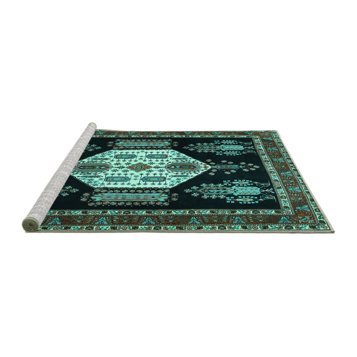Sideview of Machine Washable Persian Turquoise Traditional Area Rugs, wshtr1544turq