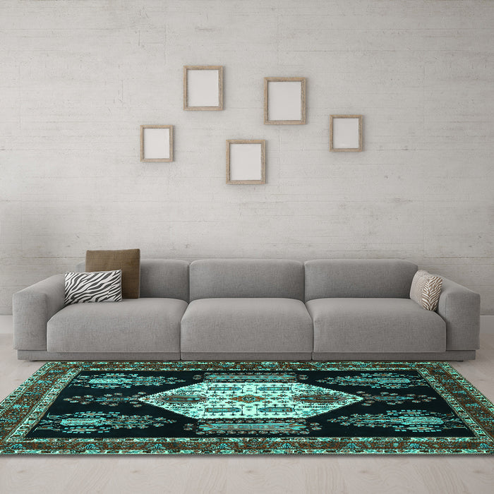 Machine Washable Persian Turquoise Traditional Area Rugs in a Living Room,, wshtr1544turq