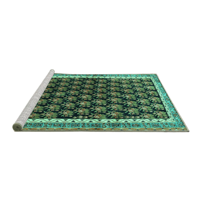 Sideview of Machine Washable Persian Turquoise Traditional Area Rugs, wshtr1545turq