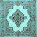 Square Machine Washable Medallion Light Blue Traditional Rug, wshtr1546lblu