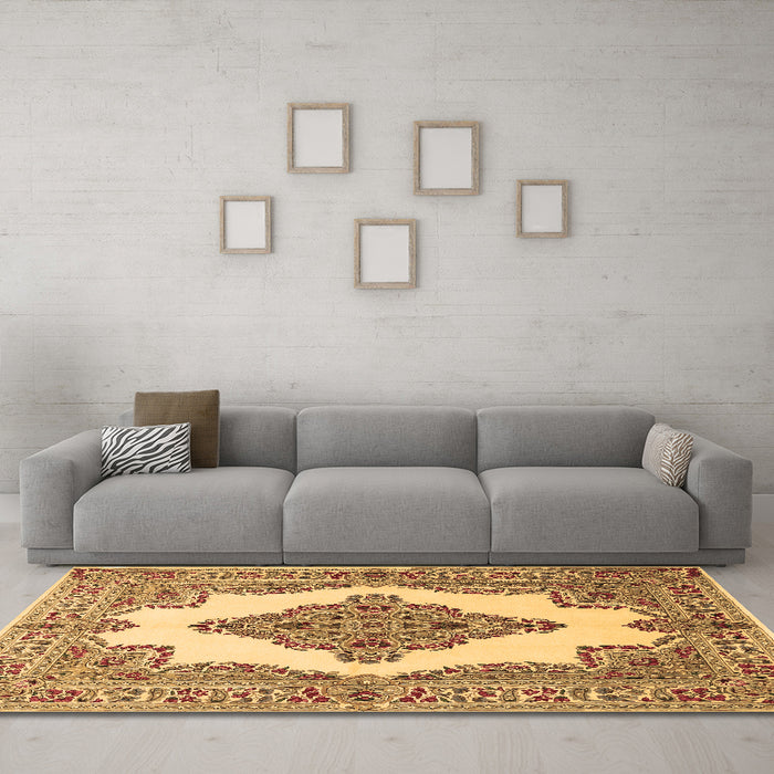 Machine Washable Medallion Brown Traditional Rug in a Living Room,, wshtr1546brn
