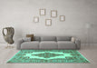 Machine Washable Medallion Turquoise Traditional Area Rugs in a Living Room,, wshtr1546turq