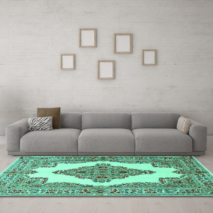 Machine Washable Medallion Turquoise Traditional Area Rugs in a Living Room,, wshtr1546turq