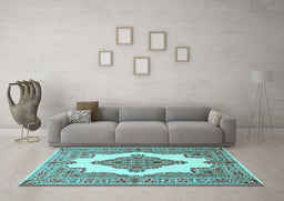 Machine Washable Medallion Light Blue Traditional Rug in a Living Room, wshtr1546lblu