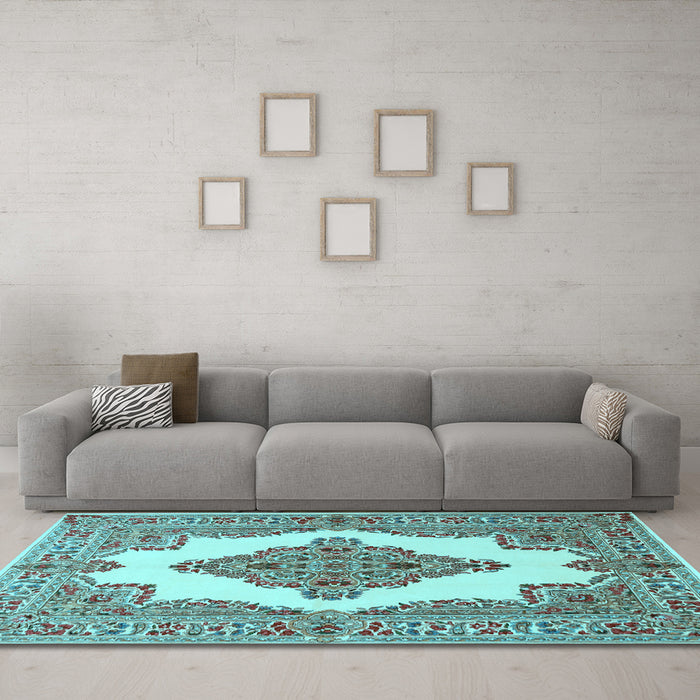 Machine Washable Medallion Light Blue Traditional Rug in a Living Room, wshtr1546lblu