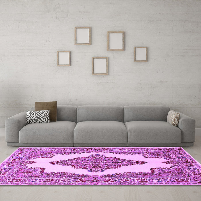 Machine Washable Medallion Purple Traditional Area Rugs in a Living Room, wshtr1546pur