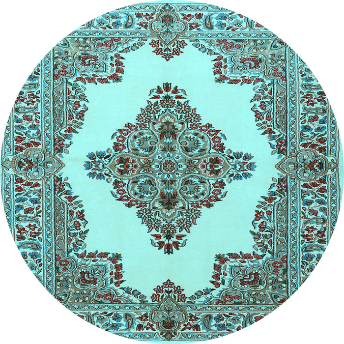 Round Machine Washable Medallion Light Blue Traditional Rug, wshtr1546lblu