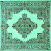 Square Machine Washable Medallion Turquoise Traditional Area Rugs, wshtr1546turq